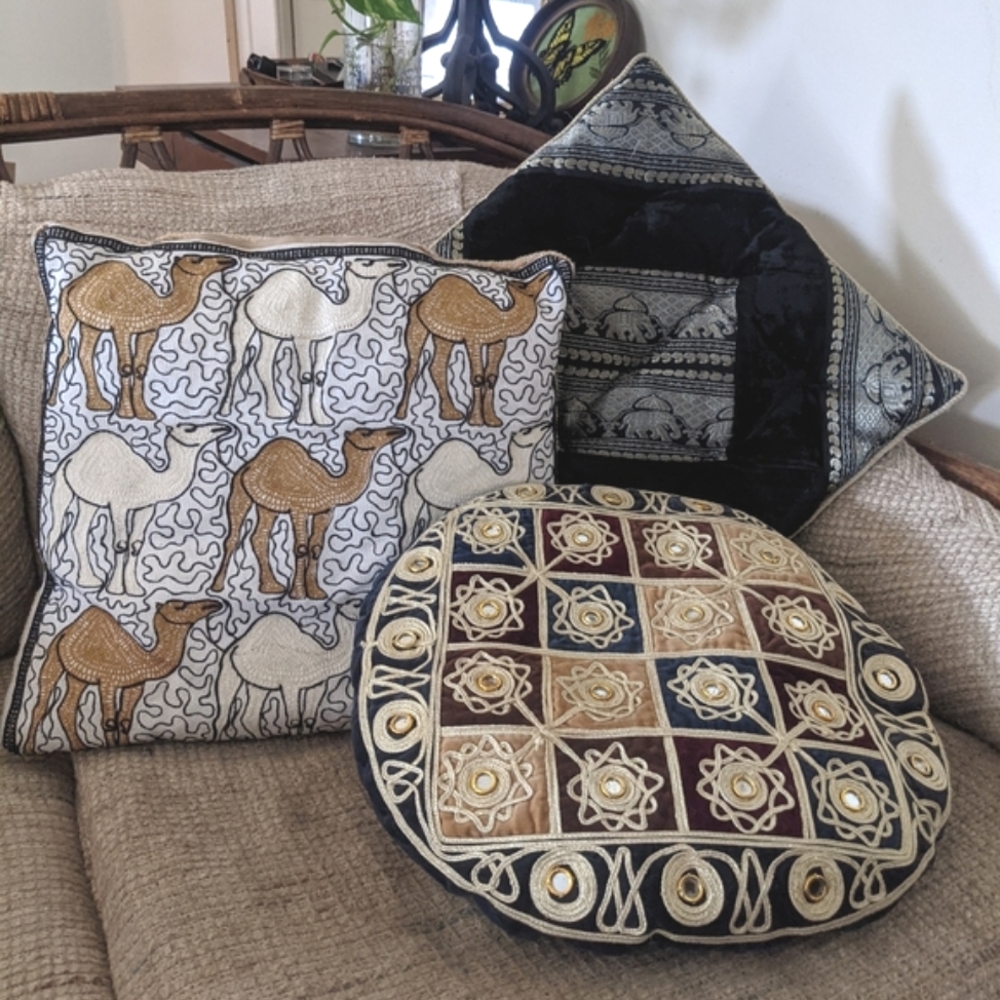 Vintage Set of 3 India Embroidered Camel Elephant Mirror Cushions Pillows